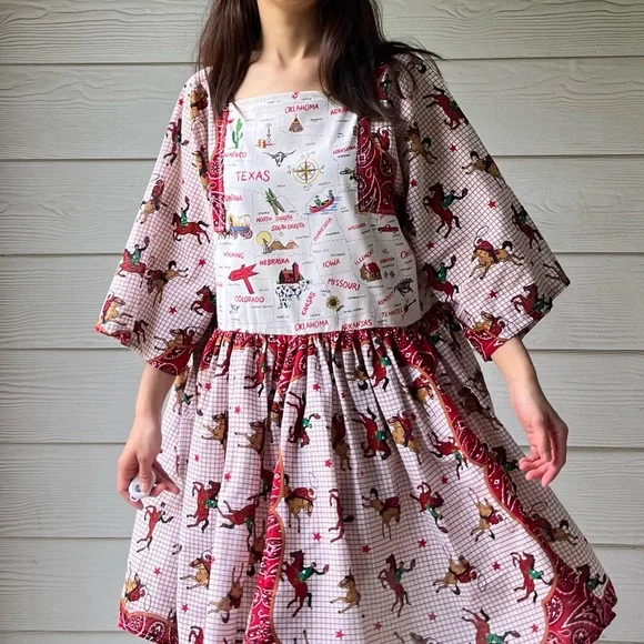 Western Rodeo | US Map | Handmade Bandana Dress SKU 05296 Red/Cowboy - Picture 2 of 16